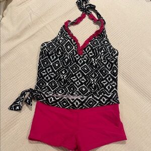 Black and Pink Halter Swim Top with Shorts. Swim set 2Pc(Ships from OR)